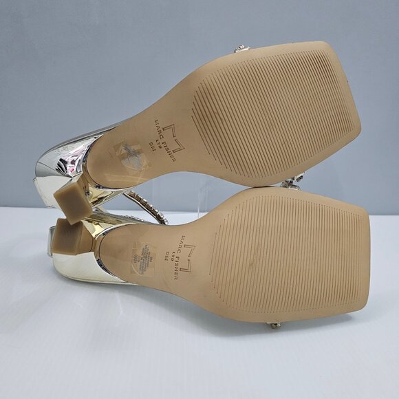 Marc Fisher Karima Rhinestone Heel Sz 9 Metallic Gold Leather Ankle Strap Sandal - Picture 14 of 16
